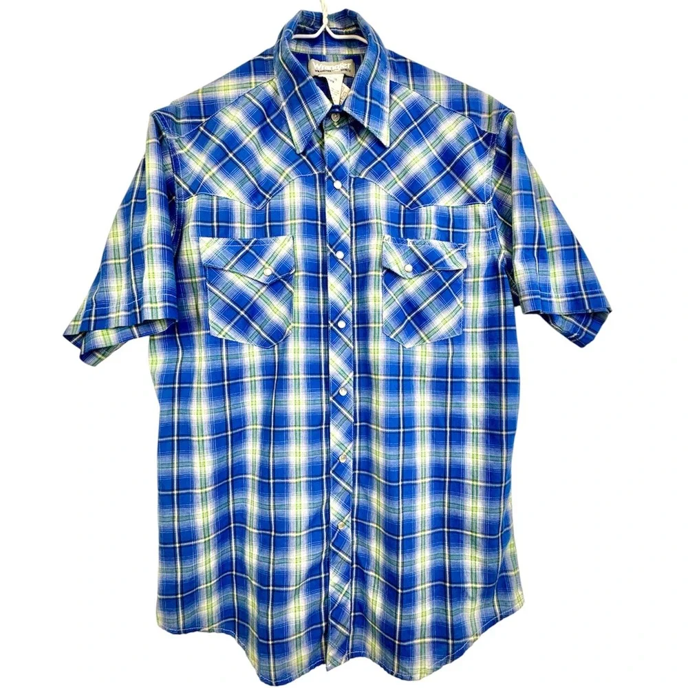 Wrangler‎ Wrancher Blue Green Plaid Western Pearl Snap Shirt MTW1368 Medium